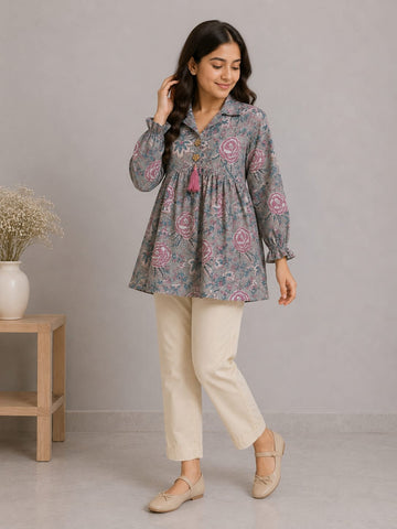 Women's Sage Grey Floral Printed Cotton Kurti with Beige Pants Co-ord Set