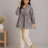 Women's Sage Grey Floral Printed Cotton Kurti with Beige Pants Co-ord Set