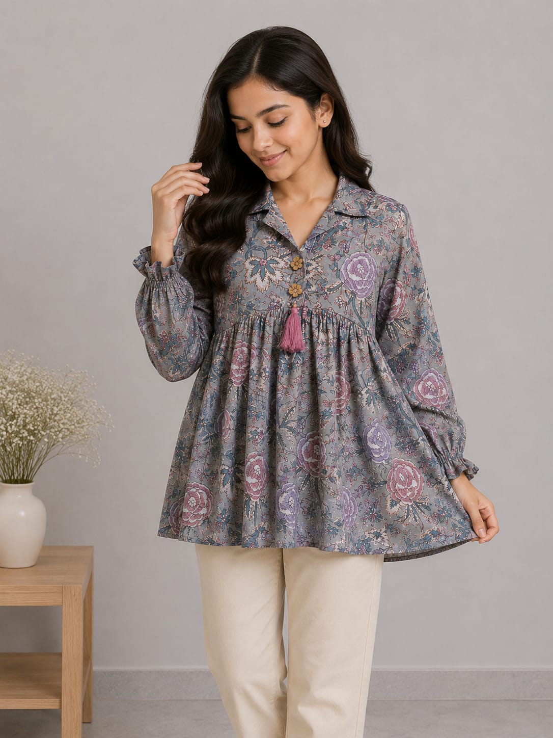 Women's Sage Grey Floral Printed Cotton Kurti with Beige Pants Co-ord Set