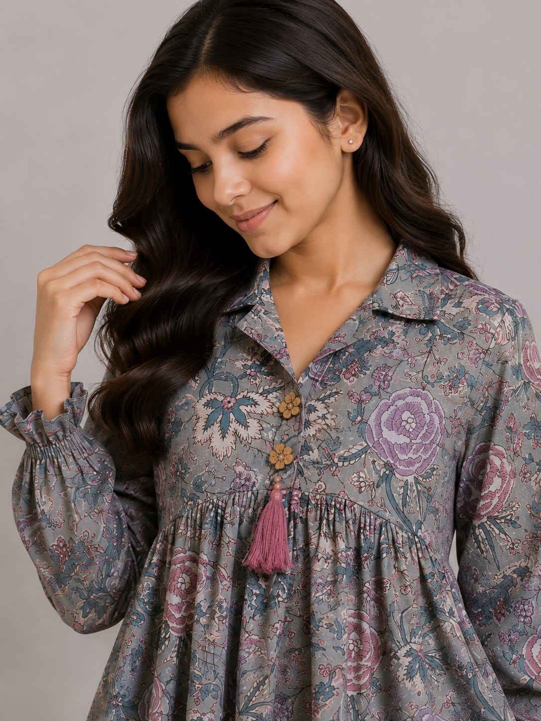 Women's Sage Grey Floral Printed Cotton Kurti with Beige Pants Co-ord Set