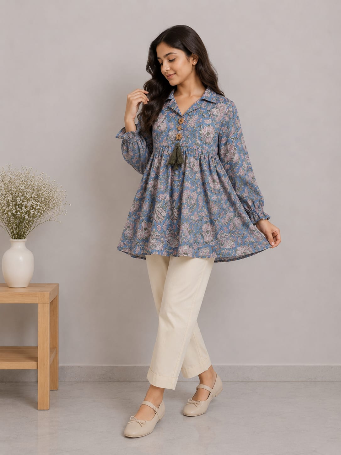 Women's Dusty Blue Floral Printed Cotton Kurti with Beige Pants Co-ord Set