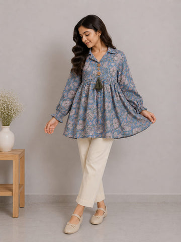 Women's Dusty Blue Floral Printed Cotton Kurti with Beige Pants Co-ord Set