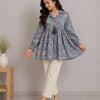 Women's Dusty Blue Floral Printed Cotton Kurti with Beige Pants Co-ord Set