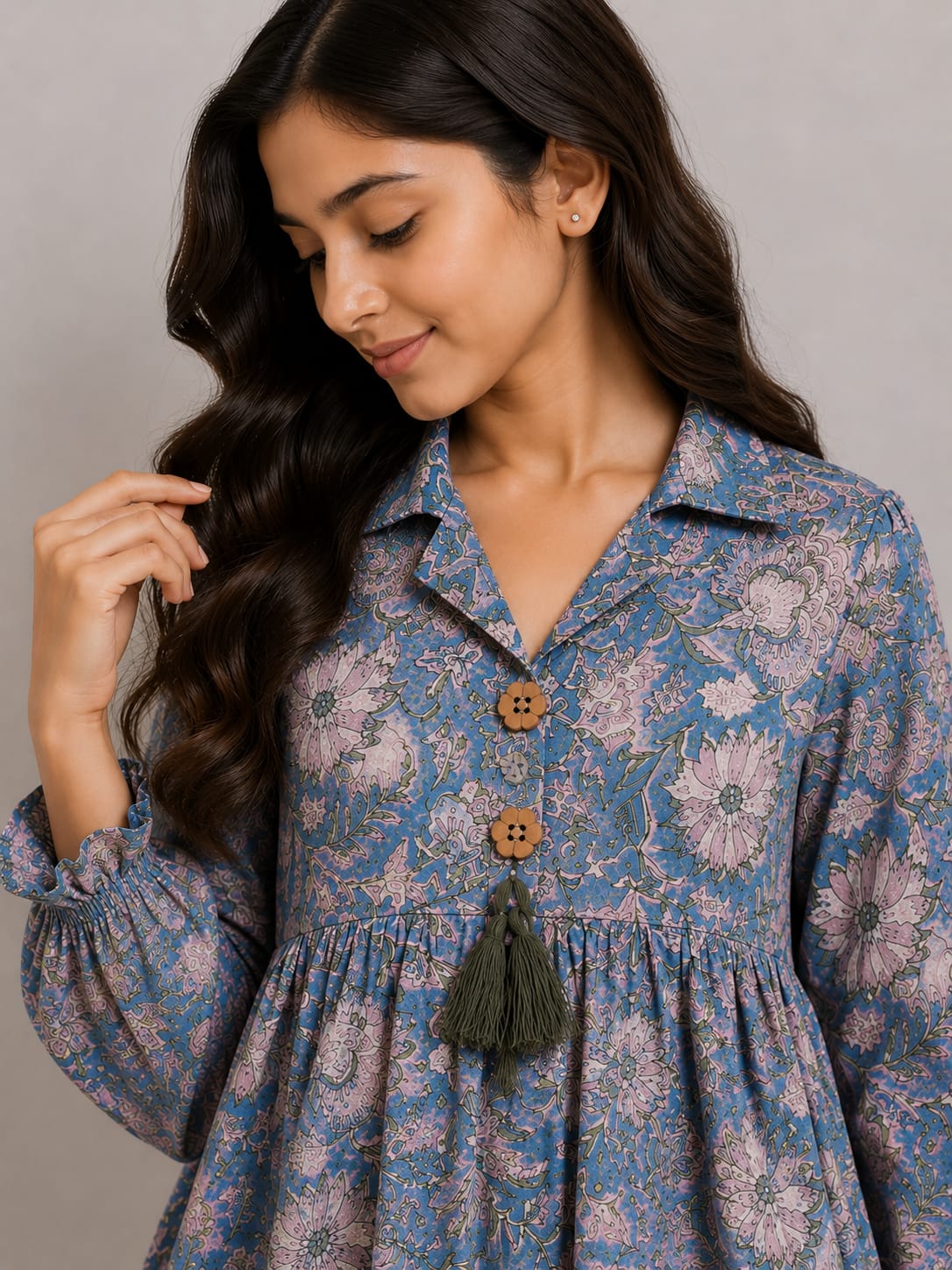 Women's Dusty Blue Floral Printed Cotton Kurti with Beige Pants Co-ord Set