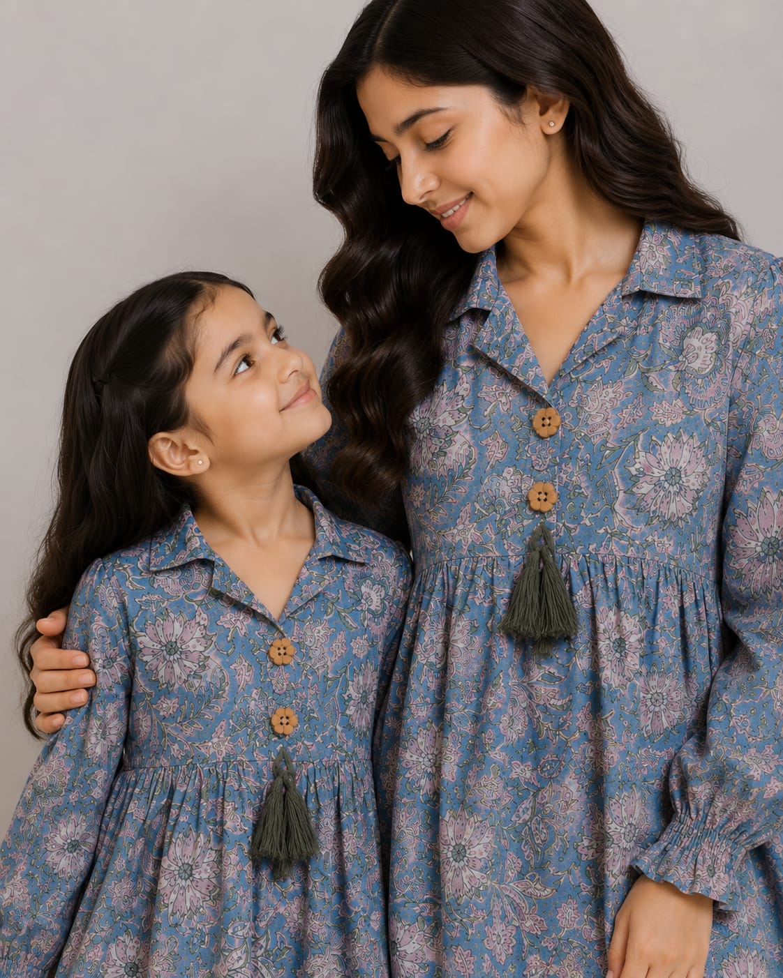 Mom & Daughter Dusty Blue Floral Printed Cotton Top & Ivory Trouser Matching Co-ord Set