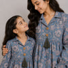 Mom & Daughter Dusty Blue Floral Printed Cotton Top & Ivory Trouser Matching Co-ord Set