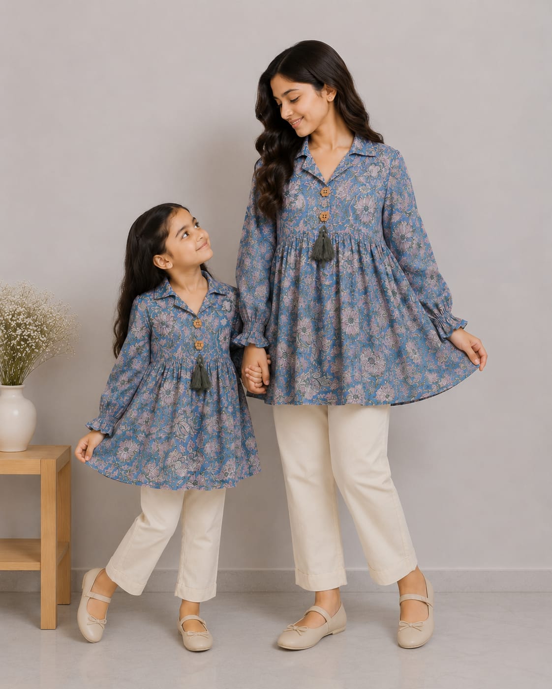 Mom & Daughter Dusty Blue Floral Printed Cotton Top & Ivory Trouser Matching Co-ord Set