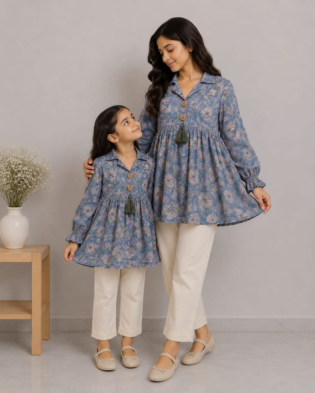Mom & Daughter Dusty Blue Floral Printed Cotton Top & Ivory Trouser Matching Co-ord Set