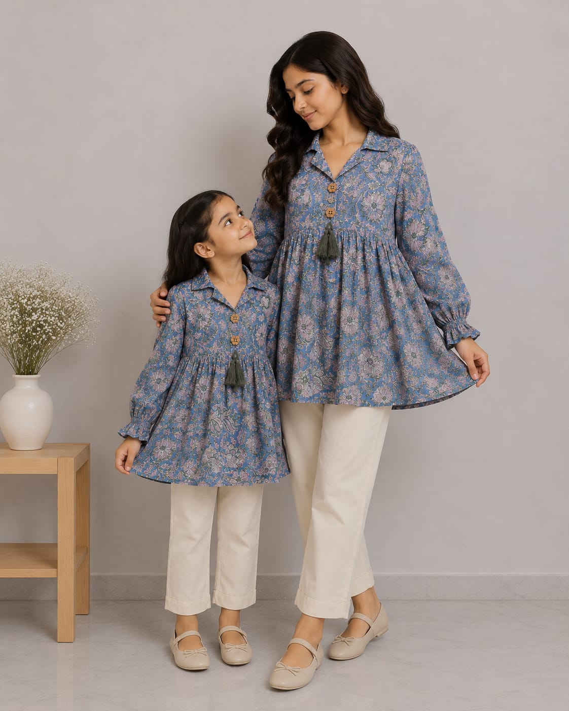 Mom & Daughter Dusty Blue Floral Printed Cotton Top & Ivory Trouser Matching Co-ord Set