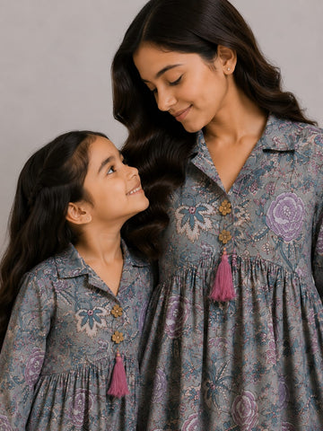 Mom & Daughter Dusty Grey Floral Printed Cotton Top & Ivory Trouser Matching Co-ord Set