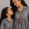Mom & Daughter Dusty Grey Floral Printed Cotton Top & Ivory Trouser Matching Co-ord Set