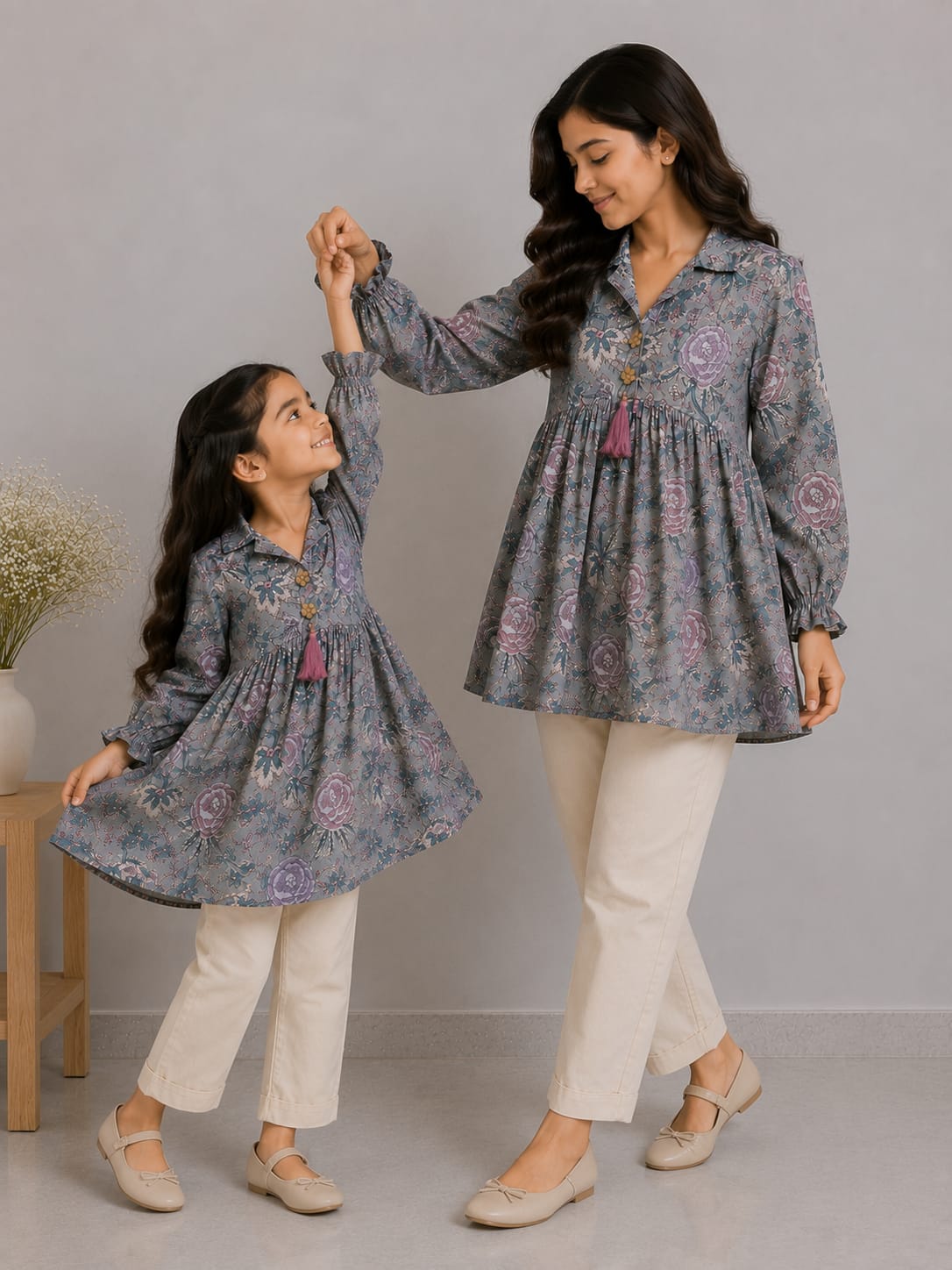 Mom & Daughter Dusty Grey Floral Printed Cotton Top & Ivory Trouser Matching Co-ord Set