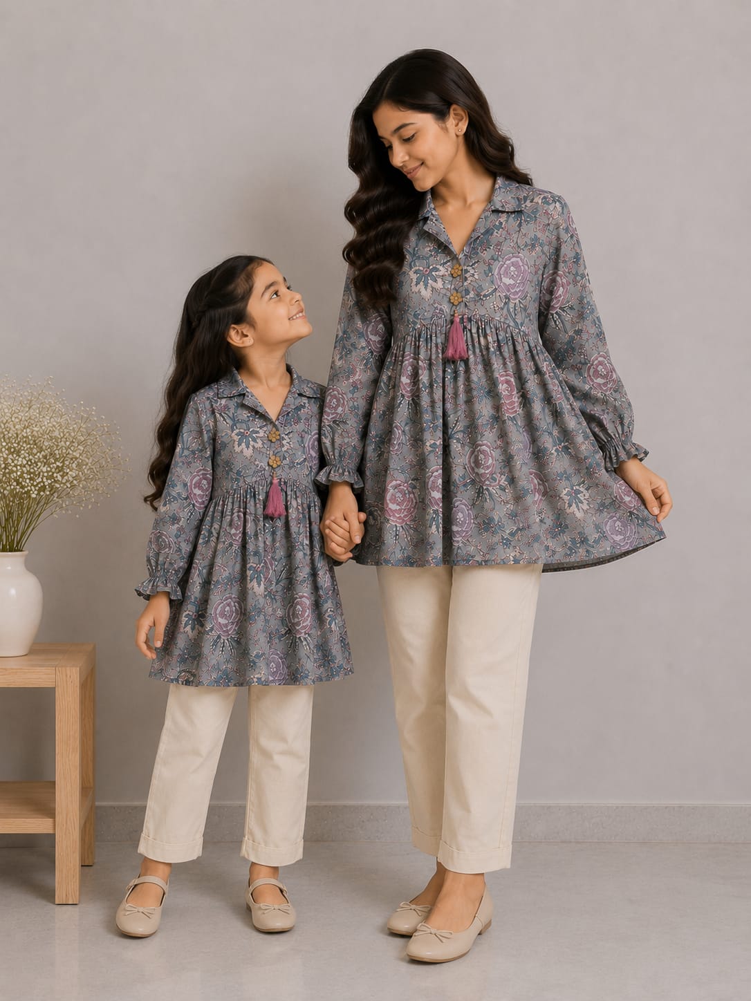 Mom & Daughter Dusty Grey Floral Printed Cotton Top & Ivory Trouser Matching Co-ord Set