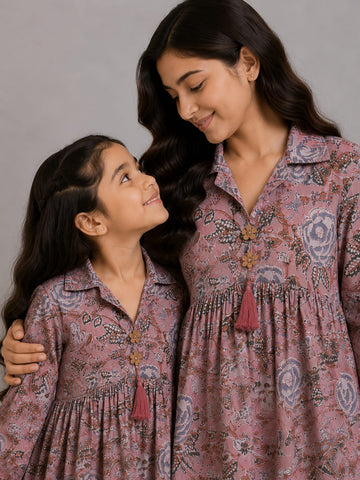 Mom & Daughter Dusty Rose Floral Printed Cotton Top & Blush Pink Trouser Matching Co-ord Set