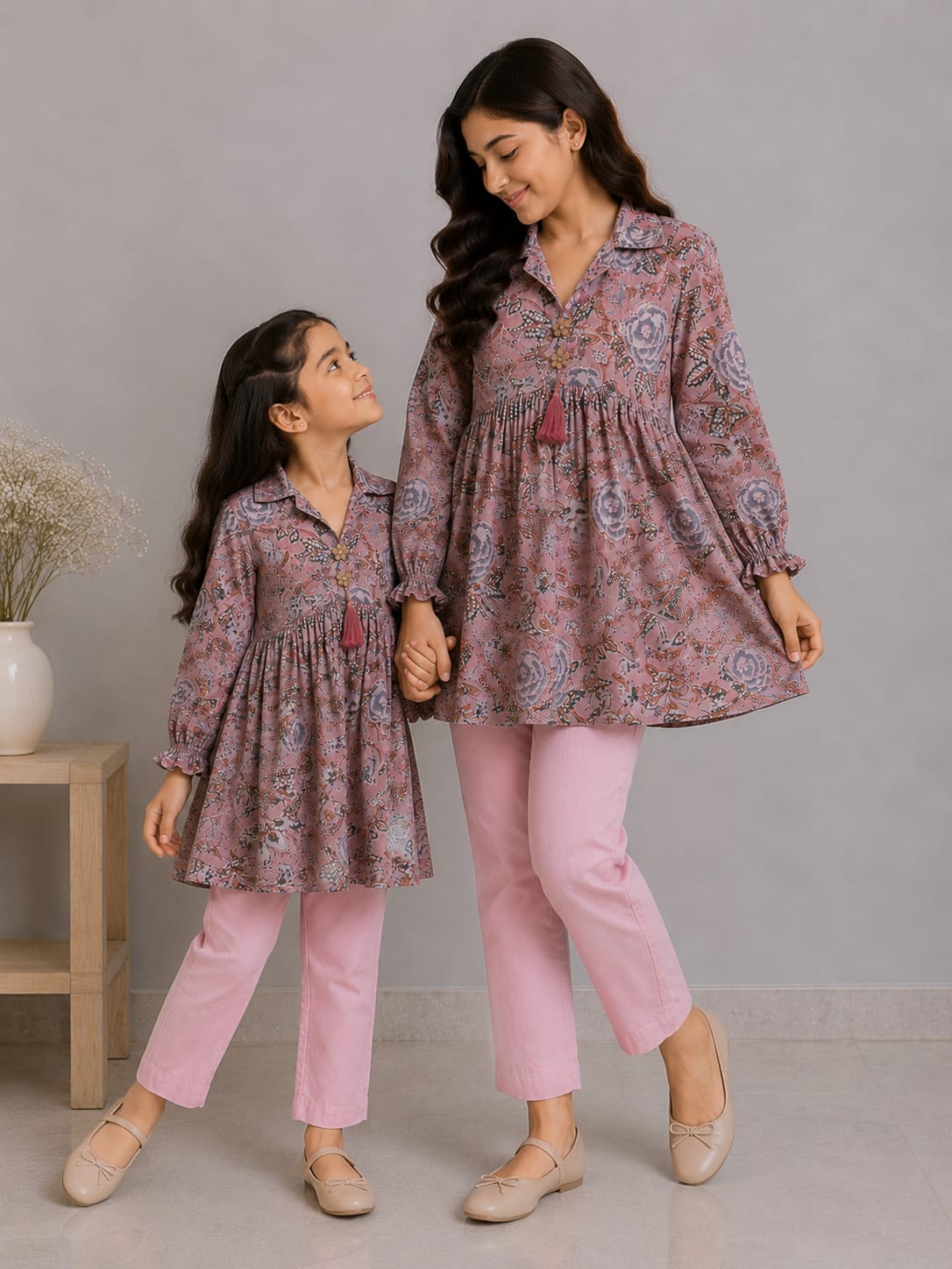 Mom & Daughter Dusty Rose Floral Printed Cotton Top & Blush Pink Trouser Matching Co-ord Set