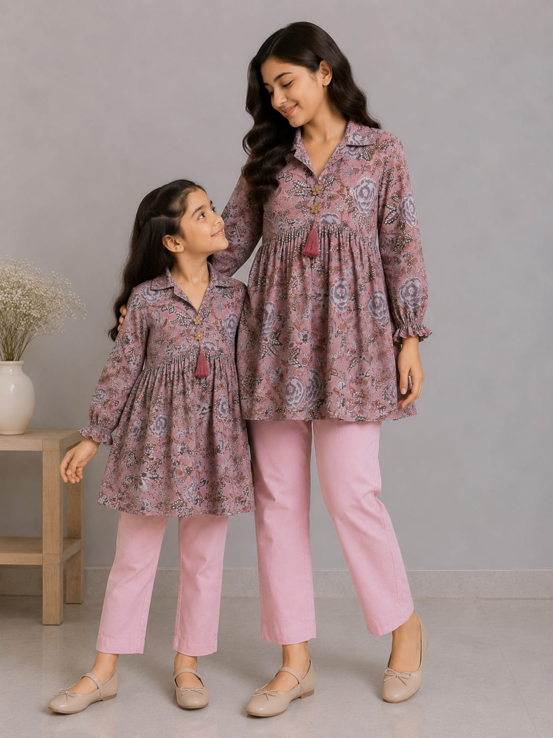 Mom & Daughter Dusty Rose Floral Printed Cotton Top & Blush Pink Trouser Matching Co-ord Set