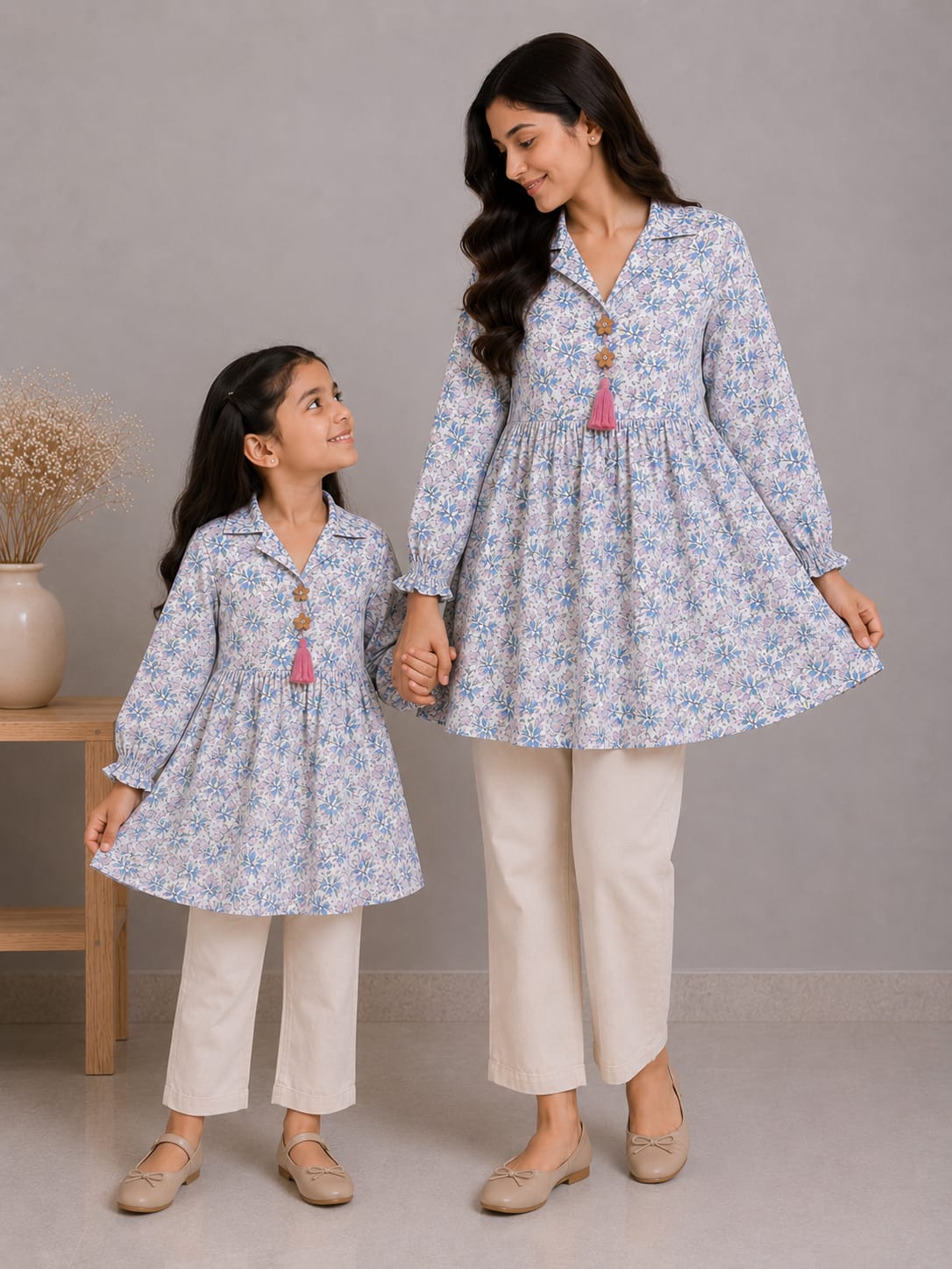 Mom & Daughter Sky Blue Floral Printed Cotton Top & Ivory Trouser Matching Co-ord Set