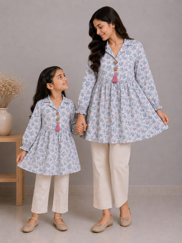 Mom & Daughter Sky Blue Floral Printed Cotton Top & Ivory Trouser Matching Co-ord Set