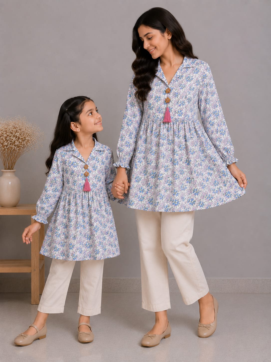 Mom & Daughter Sky Blue Floral Printed Cotton Top & Ivory Trouser Matching Co-ord Set