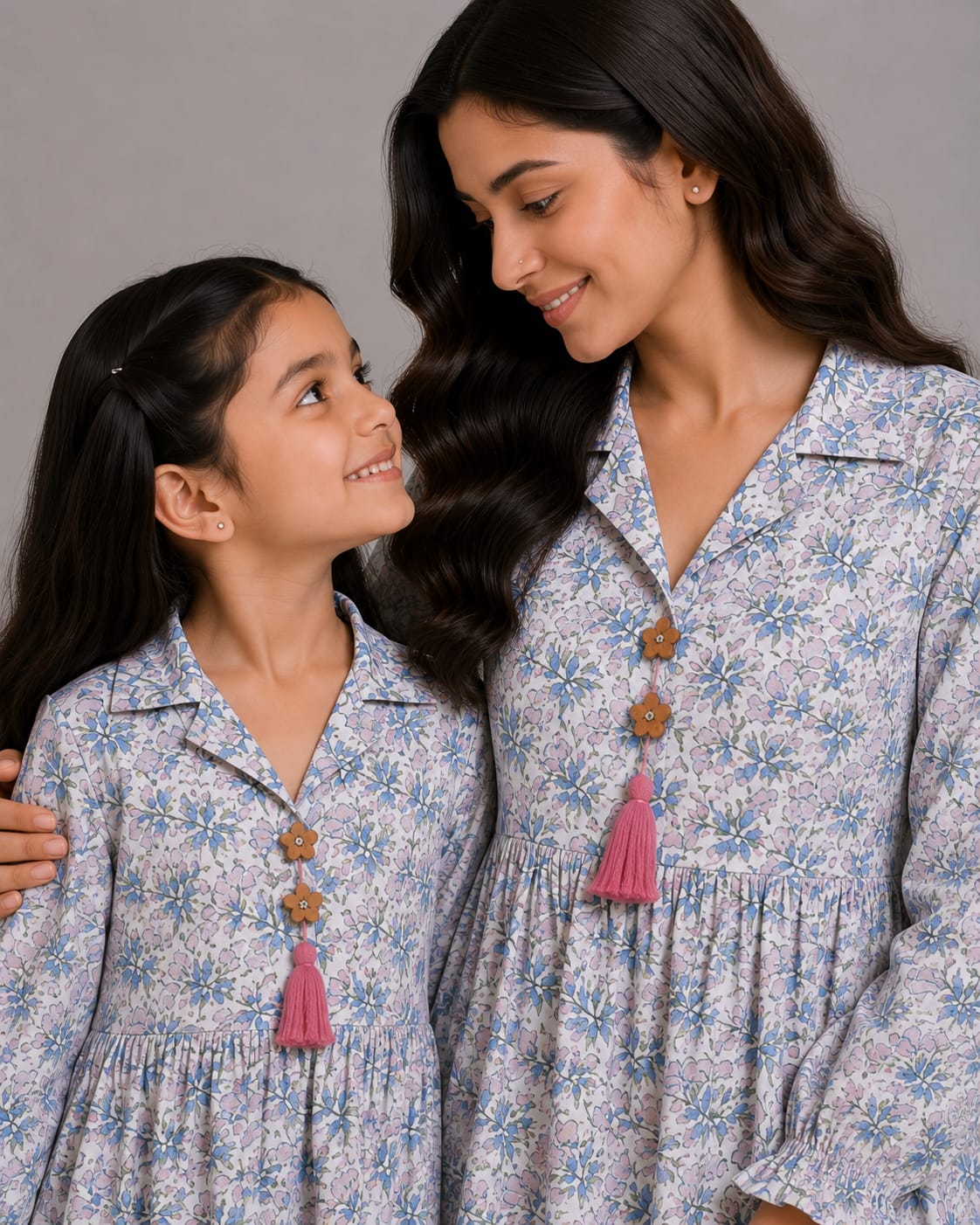 Mom & Daughter Sky Blue Floral Printed Cotton Top & Ivory Trouser Matching Co-ord Set