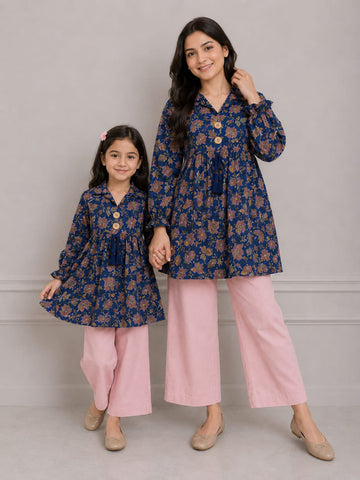 Mom & Daughter Navy Blue Floral Printed Cotton Top & Blush Pink Trouser Matching Co-ord Set