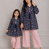 Mom & Daughter Navy Blue Floral Printed Cotton Top & Blush Pink Trouser Matching Co-ord Set