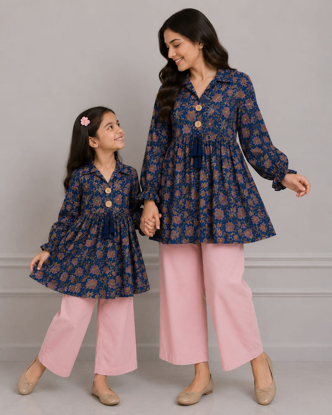 Mom & Daughter Navy Blue Floral Printed Cotton Top & Blush Pink Trouser Matching Co-ord Set