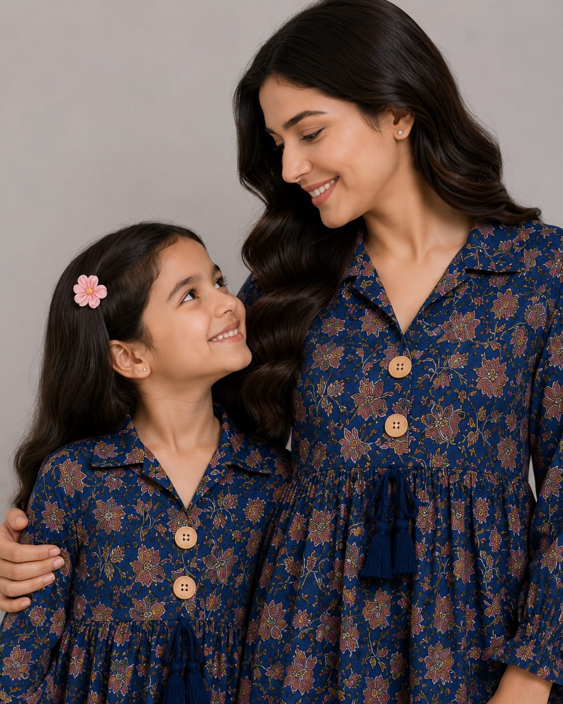 Mom & Daughter Navy Blue Floral Printed Cotton Top & Blush Pink Trouser Matching Co-ord Set