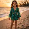 Girl's Emerald Green Leheriya Print Tie-Front Bell Sleeve Beach Co-ord Set