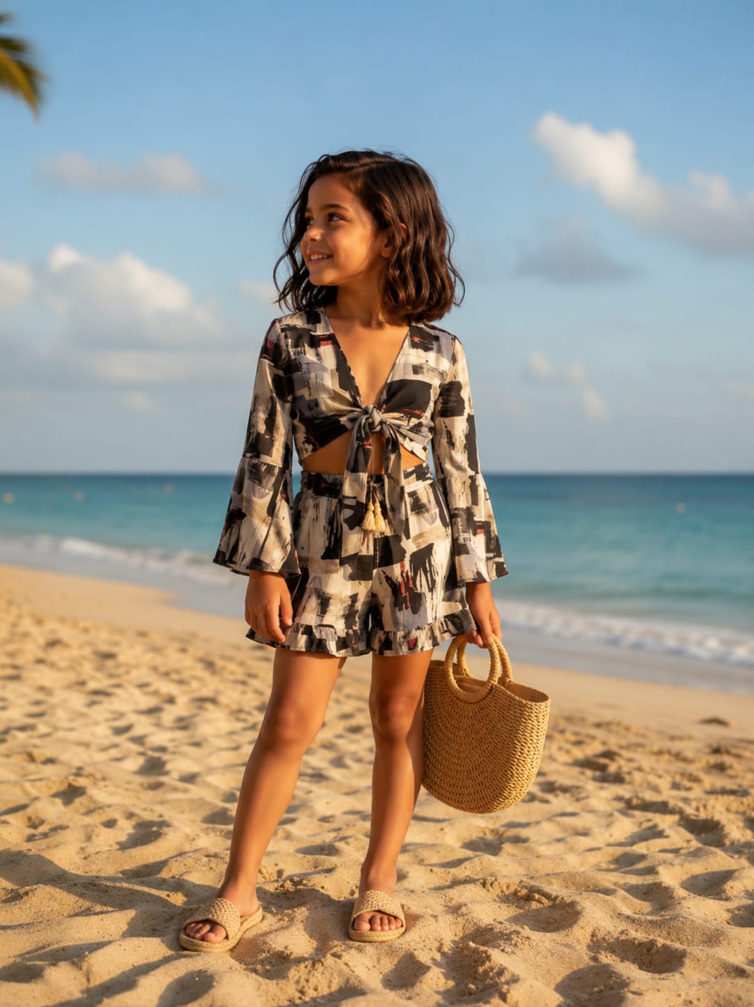 Girl's Black & Beige Abstract Print Tie-Front Bell Sleeve Beach Co-ord Set