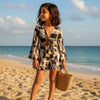 Girl's Black & Beige Abstract Print Tie-Front Bell Sleeve Beach Co-ord Set