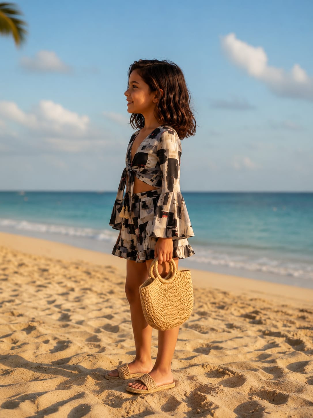 Girl's Black & Beige Abstract Print Tie-Front Bell Sleeve Beach Co-ord Set
