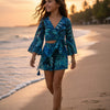 Girl's Midnight Blue Tropical Leaf Print Tie-Front Bell Sleeve Beach Co-ord Set