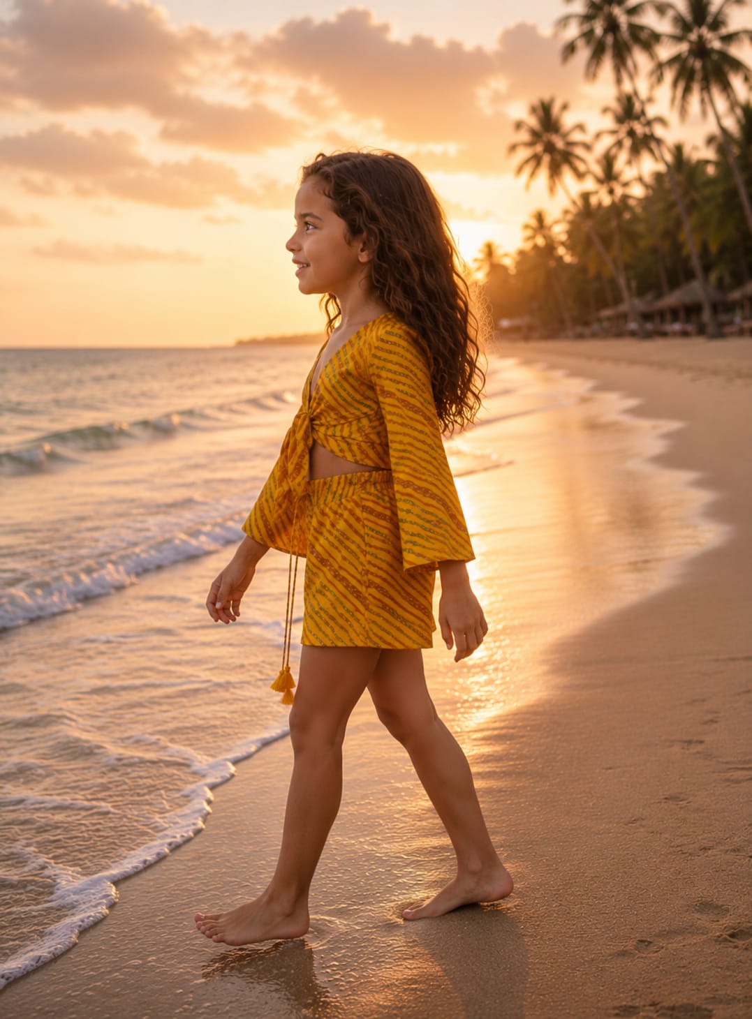 Girl's Mustard Yellow Leheriya Print Tie-Front Bell Sleeve Beach Co-ord Set