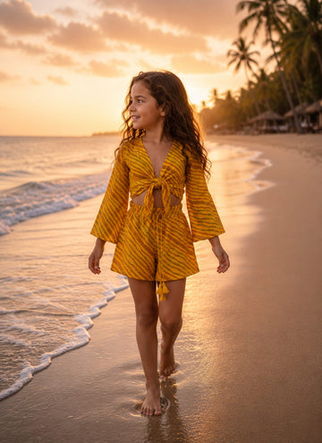 Girl's Mustard Yellow Leheriya Print Tie-Front Bell Sleeve Beach Co-ord Set