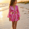 Girl's Candy Pink Tropical Print Tie-Front Bell Sleeve Beach Co-ord Set