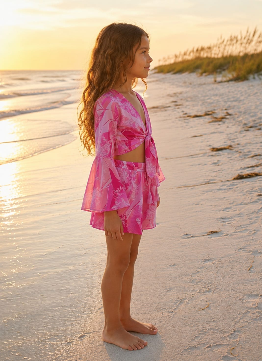 Girl's Candy Pink Tropical Print Tie-Front Bell Sleeve Beach Co-ord Set