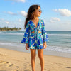 Girl's Ocean Blue Abstract Print Tie-Front Bell Sleeve Beach Co-ord Set