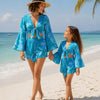 Mom & Daughter Aqua Palm Print Tie-Front Beach Matching Co-ord Set