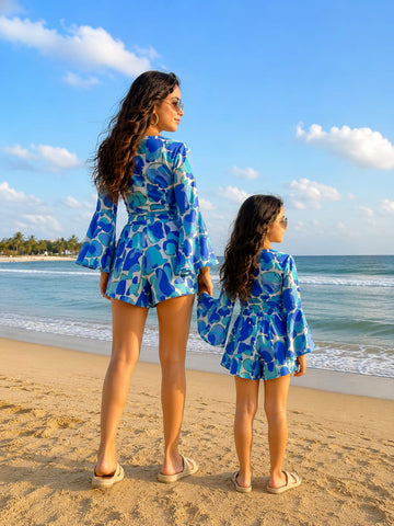 Mom & Daughter Ocean Blue Abstract Print Tie-Front Beach Matching Co-ord Set