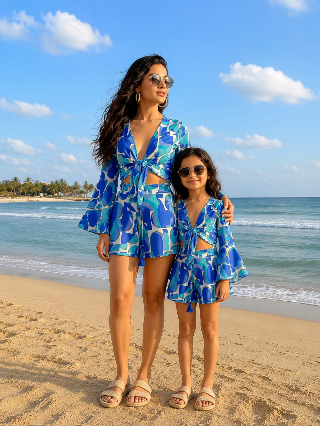 Mom & Daughter Ocean Blue Abstract Print Tie-Front Beach Matching Co-ord Set