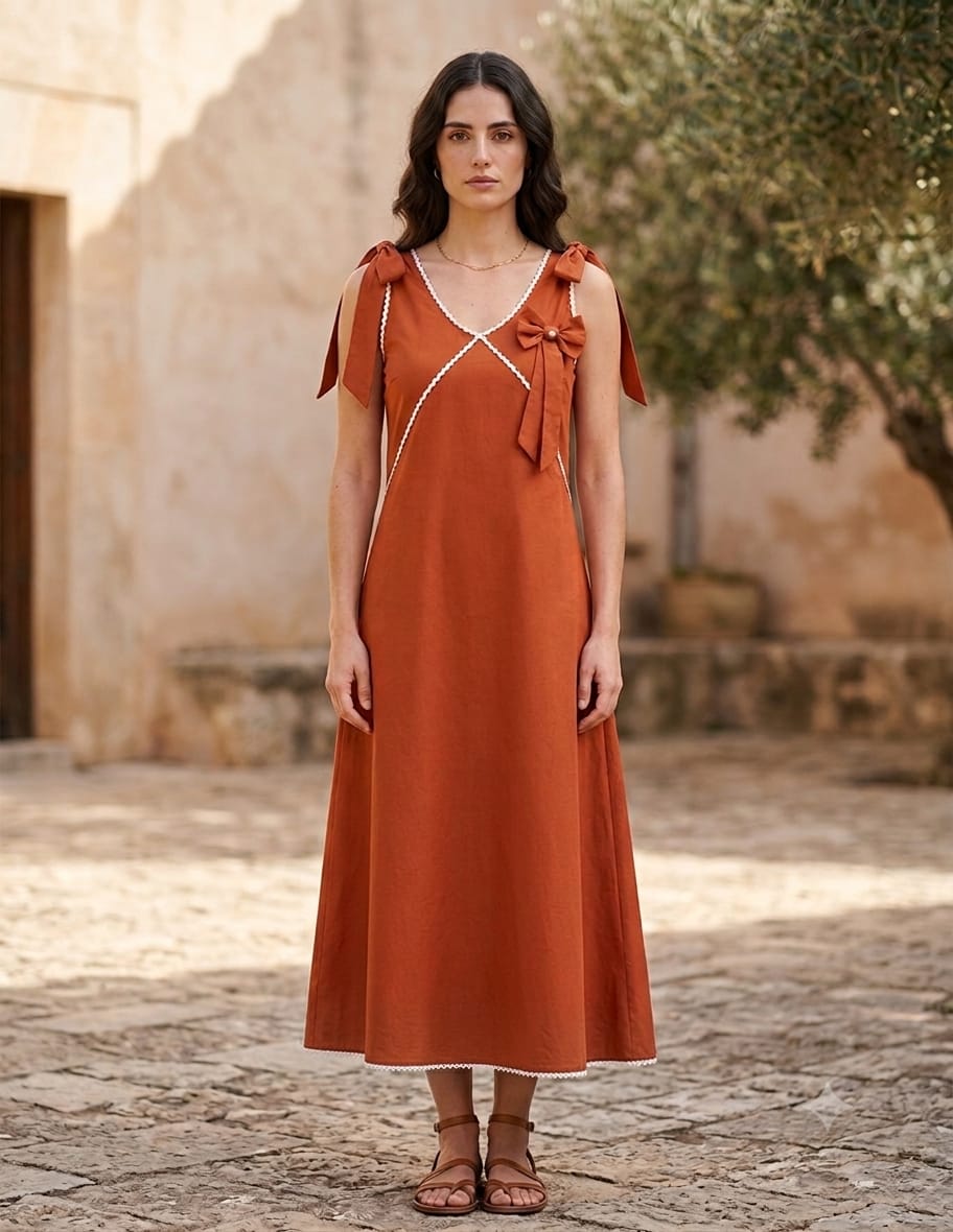 Women's Rust Orange Crisp Luxe Cotton Midi Dress with Scalloped Trim & Pearl Bow