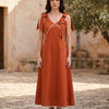 Women's Rust Orange Crisp Luxe Cotton Midi Dress with Scalloped Trim & Pearl Bow
