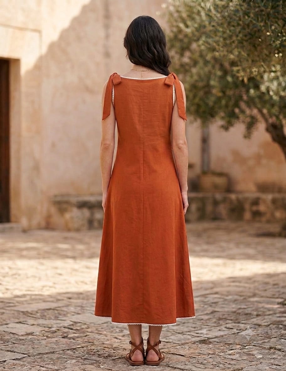 Women's Rust Orange Crisp Luxe Cotton Midi Dress with Scalloped Trim & Pearl Bow