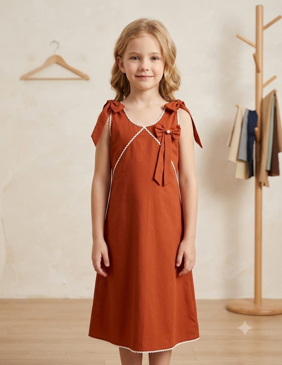 Girl's Burnt Orange Crisp Luxe Cotton  A-Line Dress with Scalloped Trim & Pearl Bow