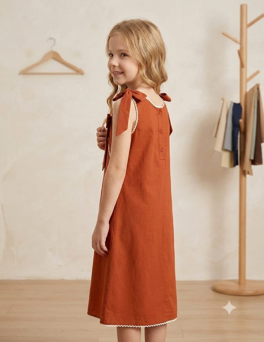 Girl's Burnt Orange Crisp Luxe Cotton  A-Line Dress with Scalloped Trim & Pearl Bow