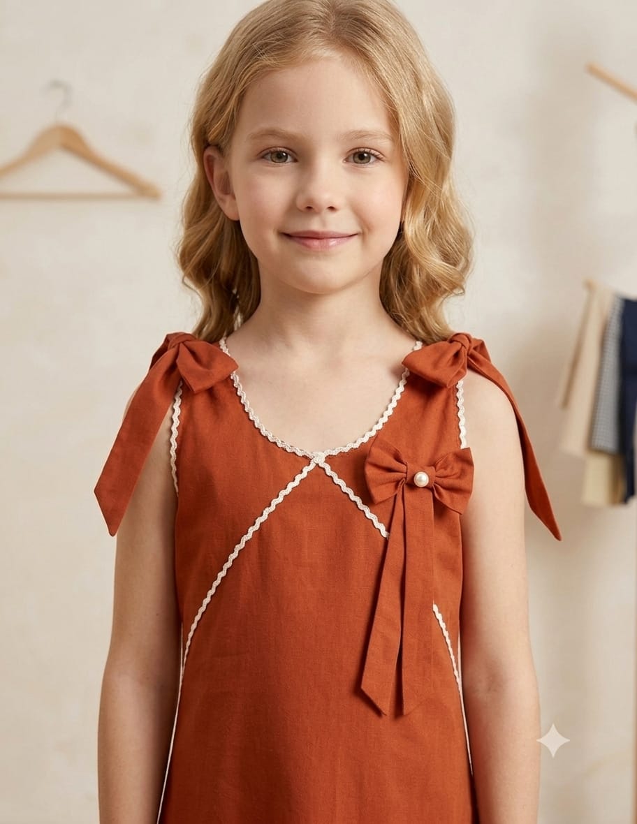 Girl's Burnt Orange Crisp Luxe Cotton  A-Line Dress with Scalloped Trim & Pearl Bow