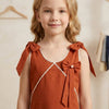 Girl's Burnt Orange Crisp Luxe Cotton  A-Line Dress with Scalloped Trim & Pearl Bow
