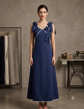 Women's Midnight Blue Crisp Luxe Cotton Midi Dress with Scalloped Trim & Pearl Bow