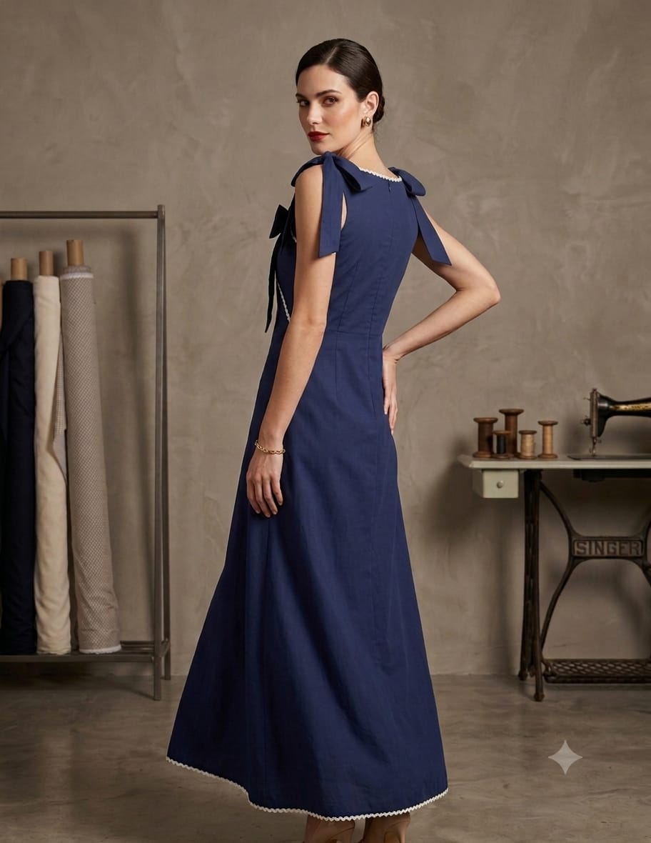Women's Midnight Blue Crisp Luxe Cotton Midi Dress with Scalloped Trim & Pearl Bow